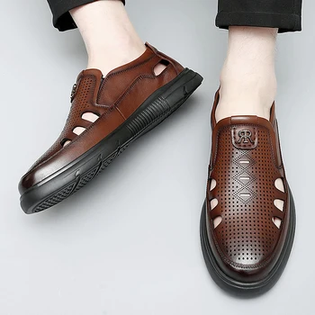 Летние мужские сандалии Уютные полые Нескользящие Мягкие дышащие классические модные повседневные кожаные сандалии с прохладной подсветкой