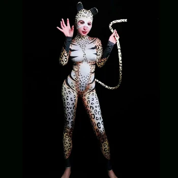 Комбинезон для танцев на шесте с леопардовым рисунком и животными, головной убор, женский костюм для косплея на Хэллоуин, танцевальный костюм Гого, барная вечеринка, сценическая клубная одежда DT1678