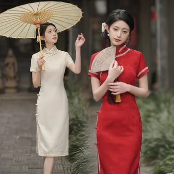 Весеннее Винтажное платье Ципао в китайском стиле, Темпераментная Молодая девушка, Жаккардовое Атласное платье Чонсам с коротким рукавом