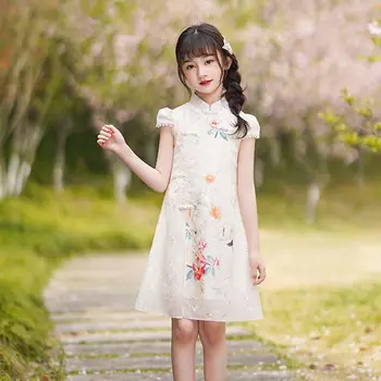 Платья Чонсам Летняя одежда для маленьких девочек от 2 до 12 лет, традиционное платье с коротким рукавом, детское ципао в китайском стиле