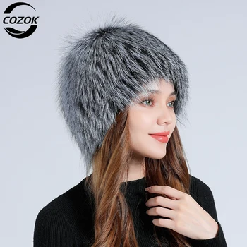 Зимняя шапка для женщин из 100% натурального меха чернобурки, эластичная вязаная шапка на подкладке, Пушистый парик, шапка из натурального меха, женские ушки, теплые шапочки