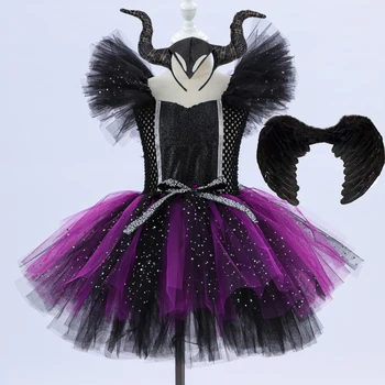 Платье-пачка Злой Темной Феи-ведьмы для девочек с рогами и крыльями, блестящий детский костюм для косплея на Хэллоуин, нарядное платье Злого дьявола