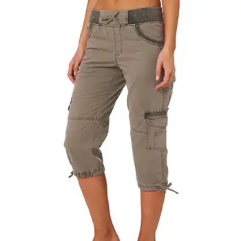2023 Летние женские брюки-стрейч, однотонные брюки длиной до середины икры, Карманы с клапанами, Укороченные брюки на талии, Женская повседневная одежда